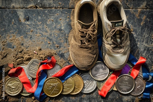 worn pair of running shoes displayed beside a collection of medals earned at races supporting various causes