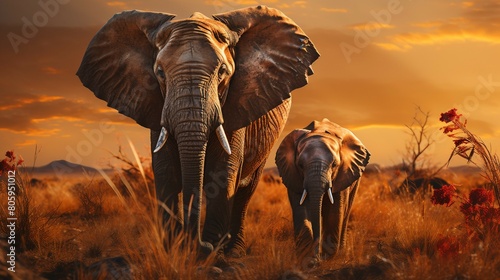 Golden Embrace: Elephant and Baby at Sunset © Whispering