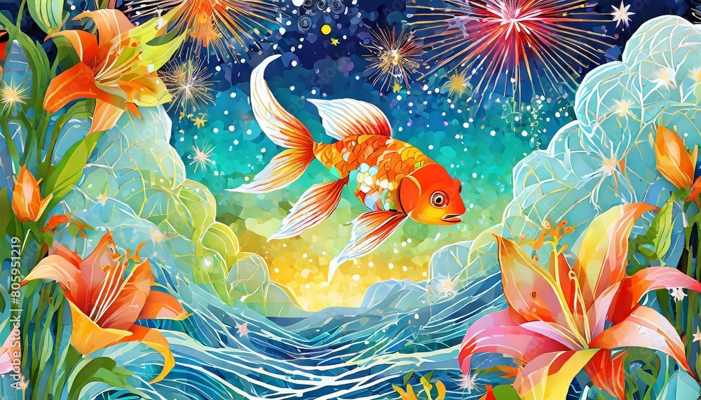 華麗な金魚と花火、百合と共に夏の香りを届ける透き通るような色彩豊かなイラスト、夜空の壁紙とグラデーション generated by AI 華麗な金魚と花火、百合と共に夏の香りを届ける透き通るような色彩豊かなイラスト、夜空の壁紙とグラデーション generated by AI
