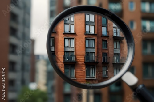Using a magnifying glass, observe a residential house. Concept of real estate looking for a new home to buy. market for rental properties. glass magnifier close to a residential structure.