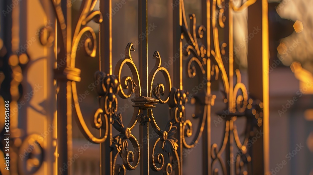 Luxury villa, ornate gate detail close-up, intricate ironwork, golden hour lighting Luxury villa, ornate gate detail close-up, intricate ironwork, golden hour lighting