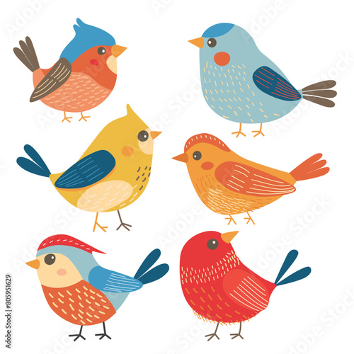 Six colorful cartoon birds illustrated against isolated white background. Different species illustrated, displaying blue, red, yellow, orange plumage, bird has unique pattern, simple shapes