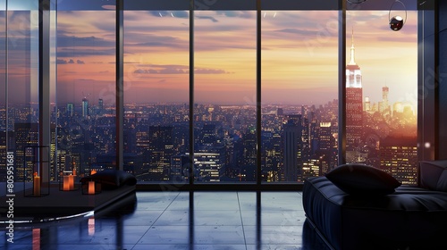 Exclusive penthouse, skyline view from window close-up, luxury urban life, dusk 