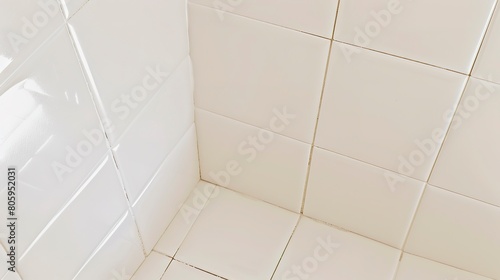 Bathroom revamp, grouting shower tiles close-up, precise application, soft overhead light  photo