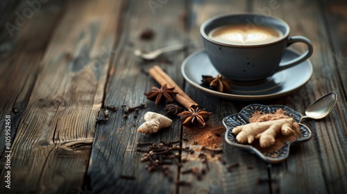 Indian masala chai tea with milk, ginger, anise and cinnamon on an old wooden table. Traditional drink with spices, cafe concept, advertising for restaurant and menu. Selective focus photo