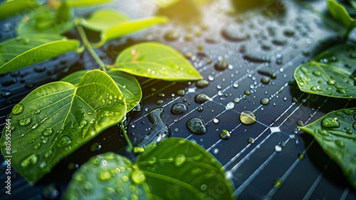 Close up of a solar panel with green leaves and water
drops on a blurred background, with sunlight reflection