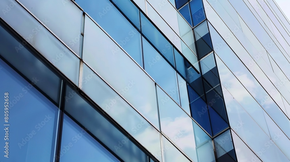 Fototapeta premium Modern commercial building facade, glass panels close-up, reflection of blue sky 