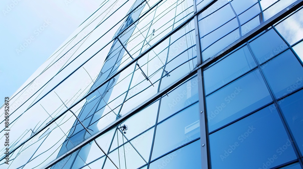 Fototapeta premium Modern commercial building facade, glass panels close-up, reflection of blue sky