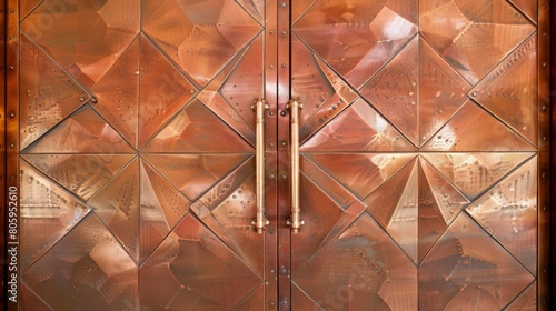 Copper covered doors of the Knesset building, Israel's parliament, with abstract designs representative of the ancient tribes of Israel. photo