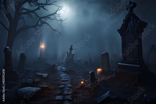 Halloween background in three dimensions including a graveyard and a full moonThe haunting cemetery with its old tombstones illuminated by the full moon