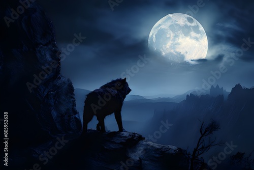 An incredibly accurate portrayal of a lone wolf in the moonlight.The delicate outline of a lone wolf in the light of a full moon, representing the wildness of the outdoors.