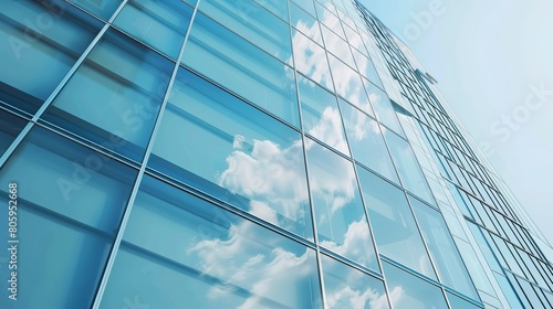 Modern commercial building facade, glass panels close-up, reflection of blue sky