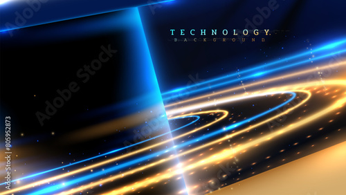 A striking technology background featuring dynamic blue and gold lines with a cosmic feel, ideal for futuristic designs and high-tech presentations. Vector illustration.