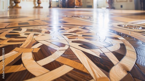 Colonial mansion, hardwood floor inlay close-up, intricate patterns, natural light  photo