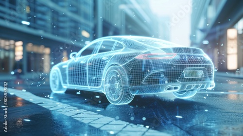 3D rendering of wireframe of driverless car with futuristic technology