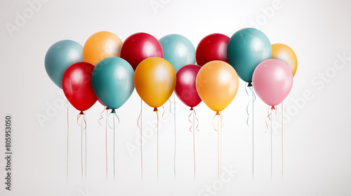 multi-colored holiday balloons on a white background with space for congratulations