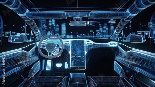 3D rendering of wireframe of driverless car with futuristic technology