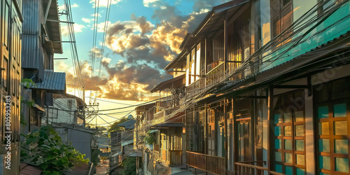 Retro style house inThailand, slum community in Thailand with electrical wire that look confuse, photo