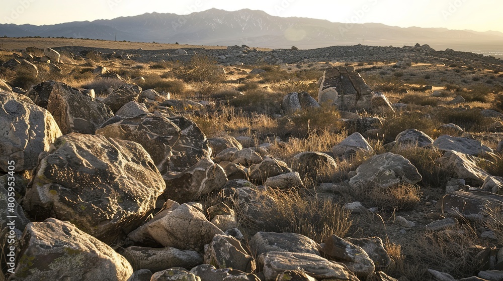 Undeveloped land, scattered rocks close-up, rugged terrain, early morning light Undeveloped land, scattered rocks close-up, rugged terrain, early morning light