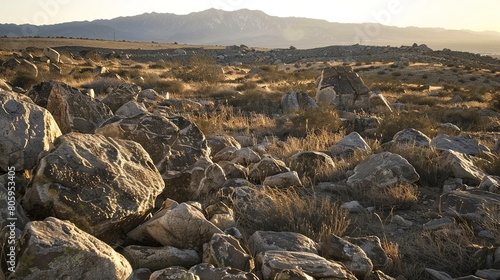 Undeveloped land, scattered rocks close-up, rugged terrain, early morning light