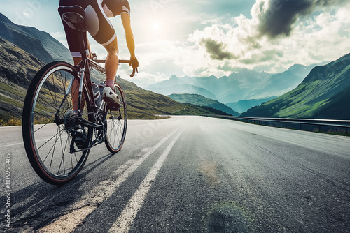 A cyclist pedals up a steep mountain road, muscles straining with effort. photo