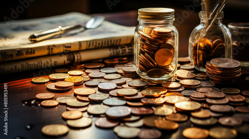Concept of Saving Money with Coins in Glass Jar on Dark Wood Table. Generative ai photo