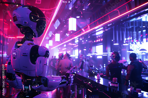 Evoke the essence of a dystopian realm through the lens of a high-tech robotic dance party Blend elements of realism and surrealism using photorealistic rendering to capture the in