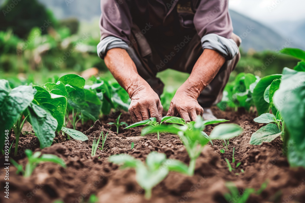 A farmer tends to rows of crops, hands dirty but heart full as they nurture the land. A farmer tends to rows of crops, hands dirty but heart full as they nurture the land.