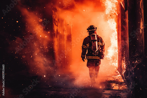 A firefighter rushes into a burning building, determination etched on their face as they save lives.