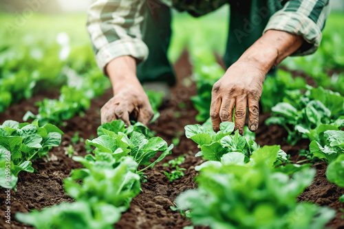 A farmer tends to rows of crops  hands dirty but heart full as they nurture the land.