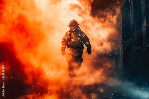 A firefighter rushes into a burning building, determination etched on their face as they save lives.