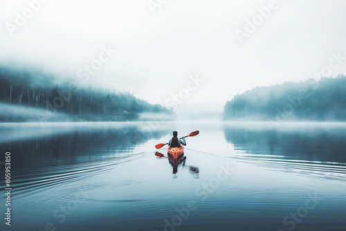 A kayaker paddles through a serene lake, the water calm around them.