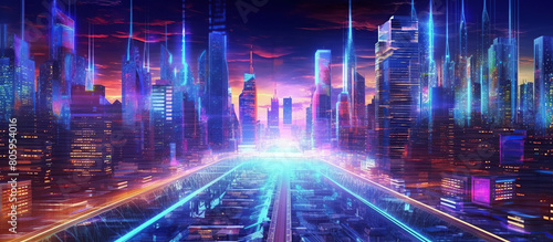 Digital world metaverse technology, Cybernetic Cityscape photo