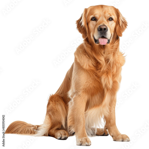A golden retriever is sitting on the floor