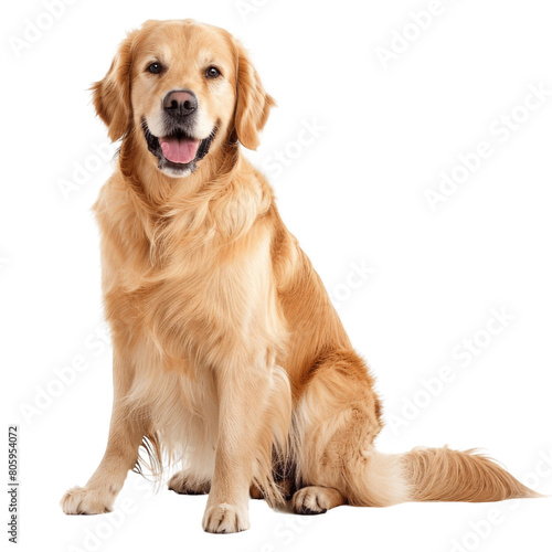 A golden retriever is sitting and smiling. It is a very happy dog. photo