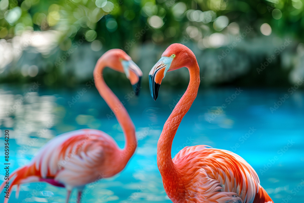 Obraz premium Photo of flamingos standing in clear blue sea