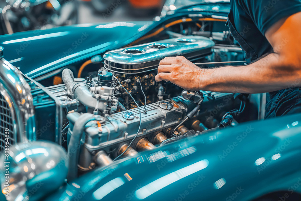 A mechanic restores a classic car to its former glory, passion for engines evident in every detail. A mechanic restores a classic car to its former glory, passion for engines evident in every detail.