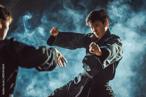 A martial artist spars with a partner, movements lightning-fast.