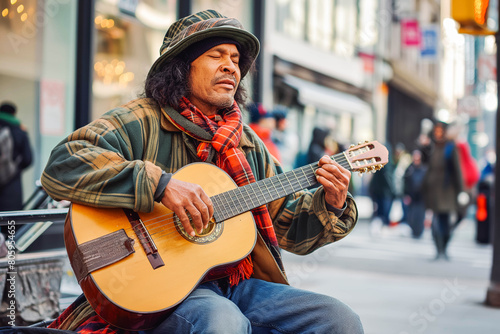 A musician busks on a street corner, sharing their talent with anyone who will listen. photo