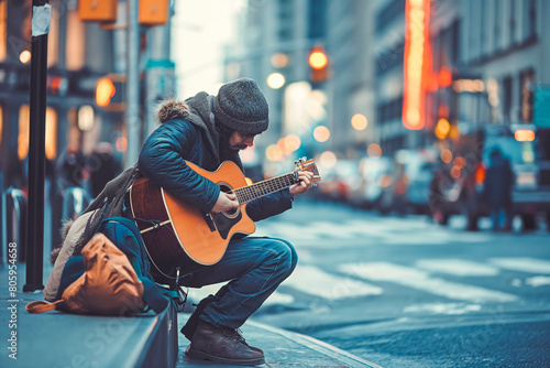 A musician busks on a street corner, sharing their talent with anyone who will listen. photo