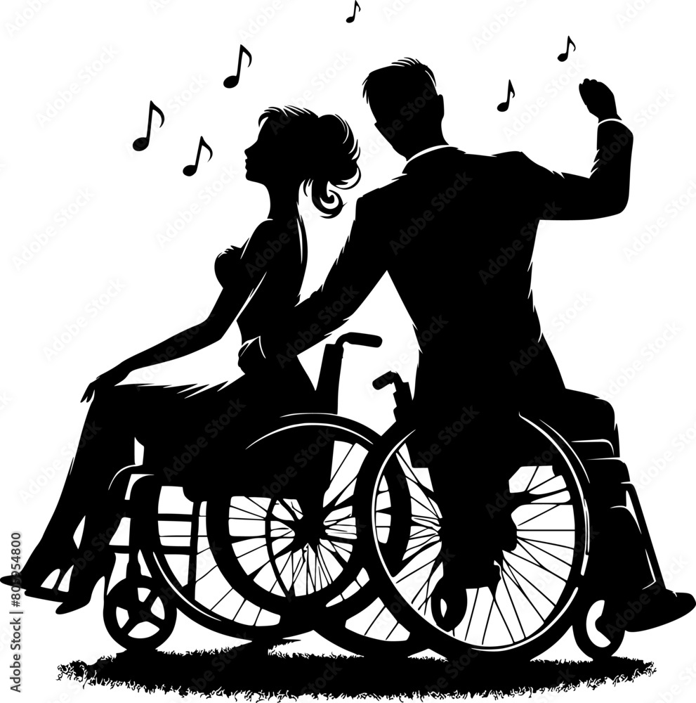 silhouettes of dancing disabled people in wheelchairs silhouettes of dancing disabled people in wheelchairs
