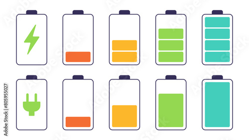 Collection of different battery charge Indicators on a white background. Battery charging signs. Vector illustration