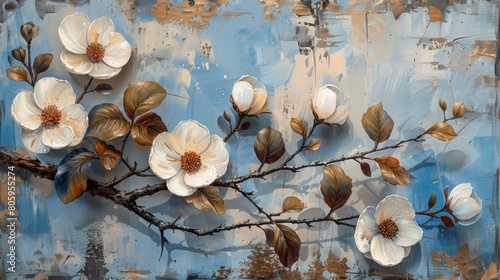 Abstract style painting white flower with leaves © Suradet Rakha