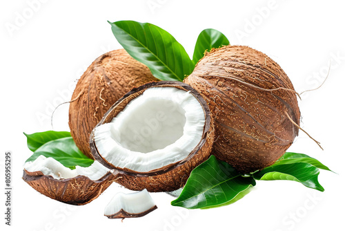 Fresh Ripe Coconut with Leaves Isolated on a Transparent Background
