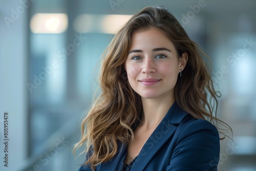 Free Download Confident young businesswoman in office, smiling, professional attire. Successful female executive standing, modern corporate lifestyle. Closeup portrait with office background. - GFXLoad