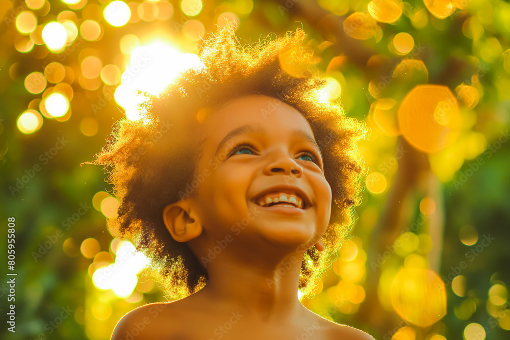 Fototapeta premium A carefree Afro-American child laughing and playing in the summer sunshine, embodying the joy and innocence of youth.