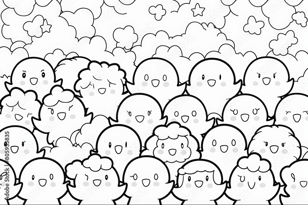 Fototapeta premium A medley of cute Kawaii-style characters ready to be brought to life with color.