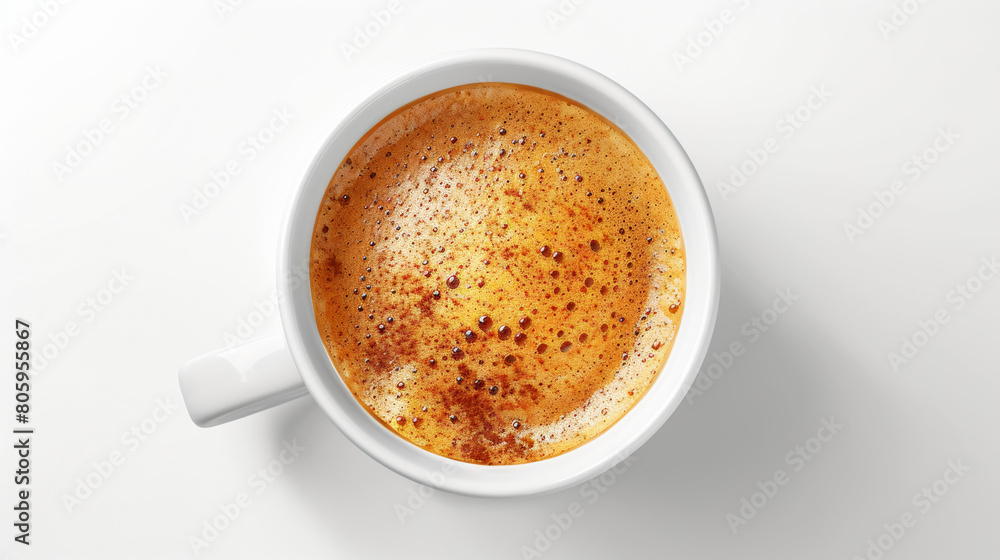 a frothy cappuccino in a white cup, top view a frothy cappuccino in a white cup, top view