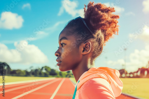 A determined Afro-American teenager training tirelessly on the track, chasing her dreams of athletic greatness with passion and determination.