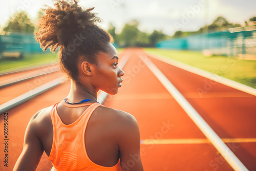 A determined Afro-American teenager training tirelessly on the track, chasing her dreams of athletic greatness with passion and determination.